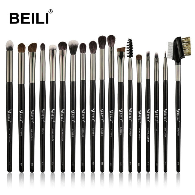 BEILI Black 15-18Pcs Makeup brushes Natural Goat Pony hair Eye shadow Blending Eyeliner Eyebrow Smokey shade brush set