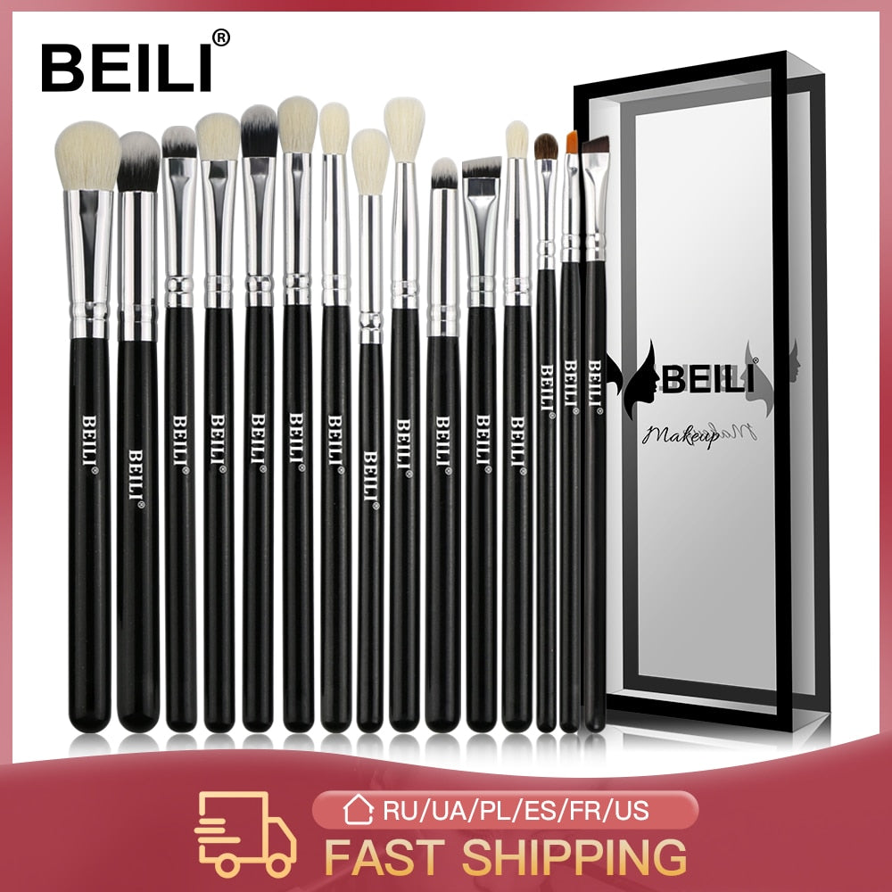 BEILI Black 15-18Pcs Makeup brushes Natural Goat Pony hair Eye shadow Blending Eyeliner Eyebrow Smokey shade brush set