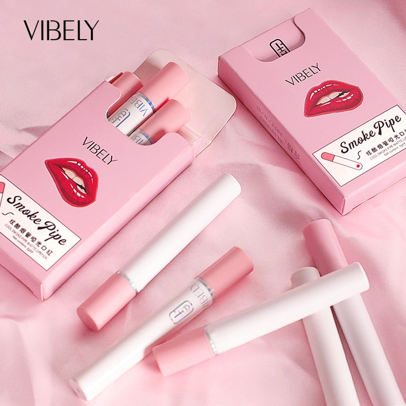 Sexy Type 4pcs Cigarette Shape Lipstick Matte Waterproof  Long-Lasting Smoke Tube Lipstick Velvet Red Lip Tint Makeup Cosmetics